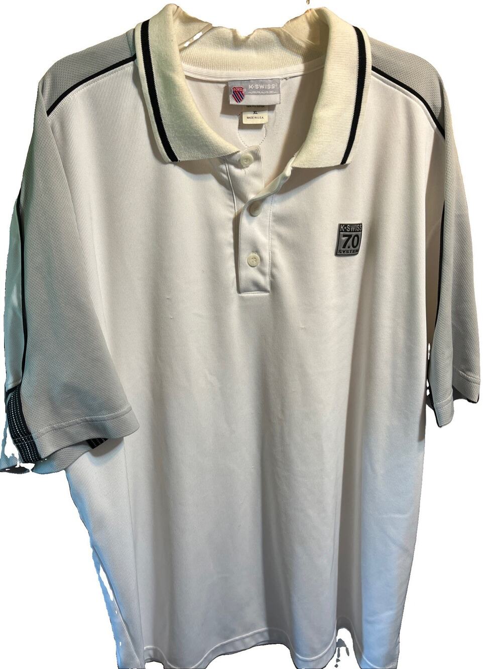 K-SWISS Vintage Mens Xl White 7.0 System Polo Shirt Short Sleeve Polyester Golf